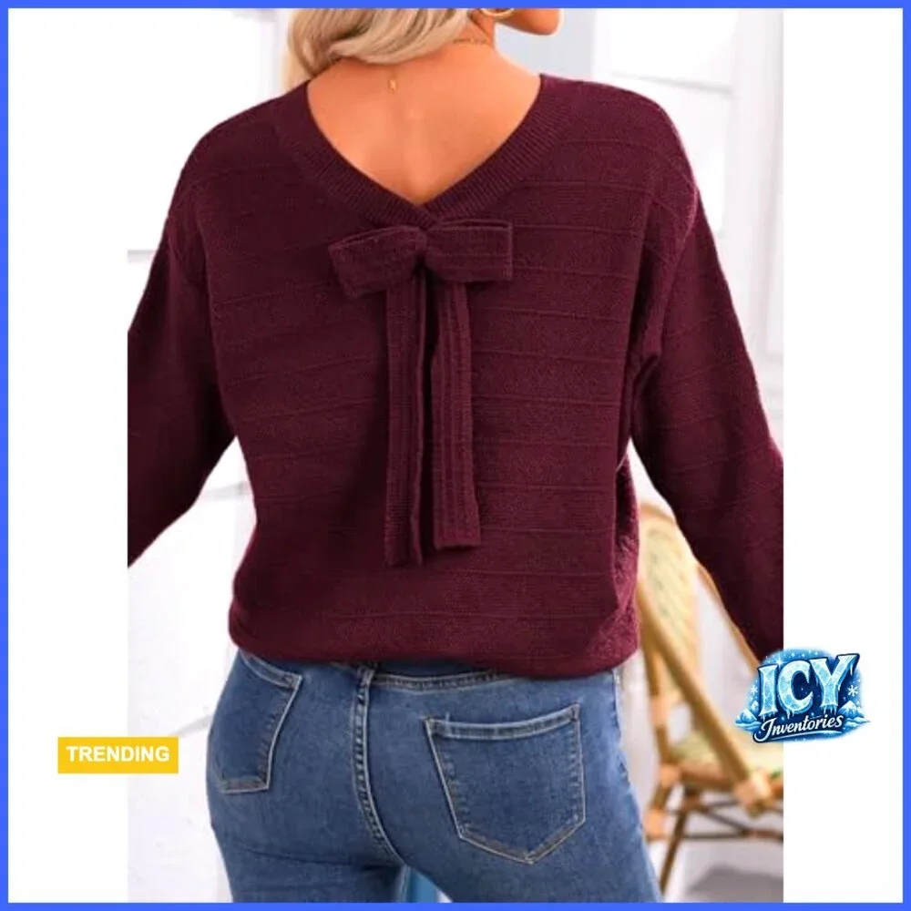 Long Sleeve Knit Pullover Sweater with Back Bow Knot Detail